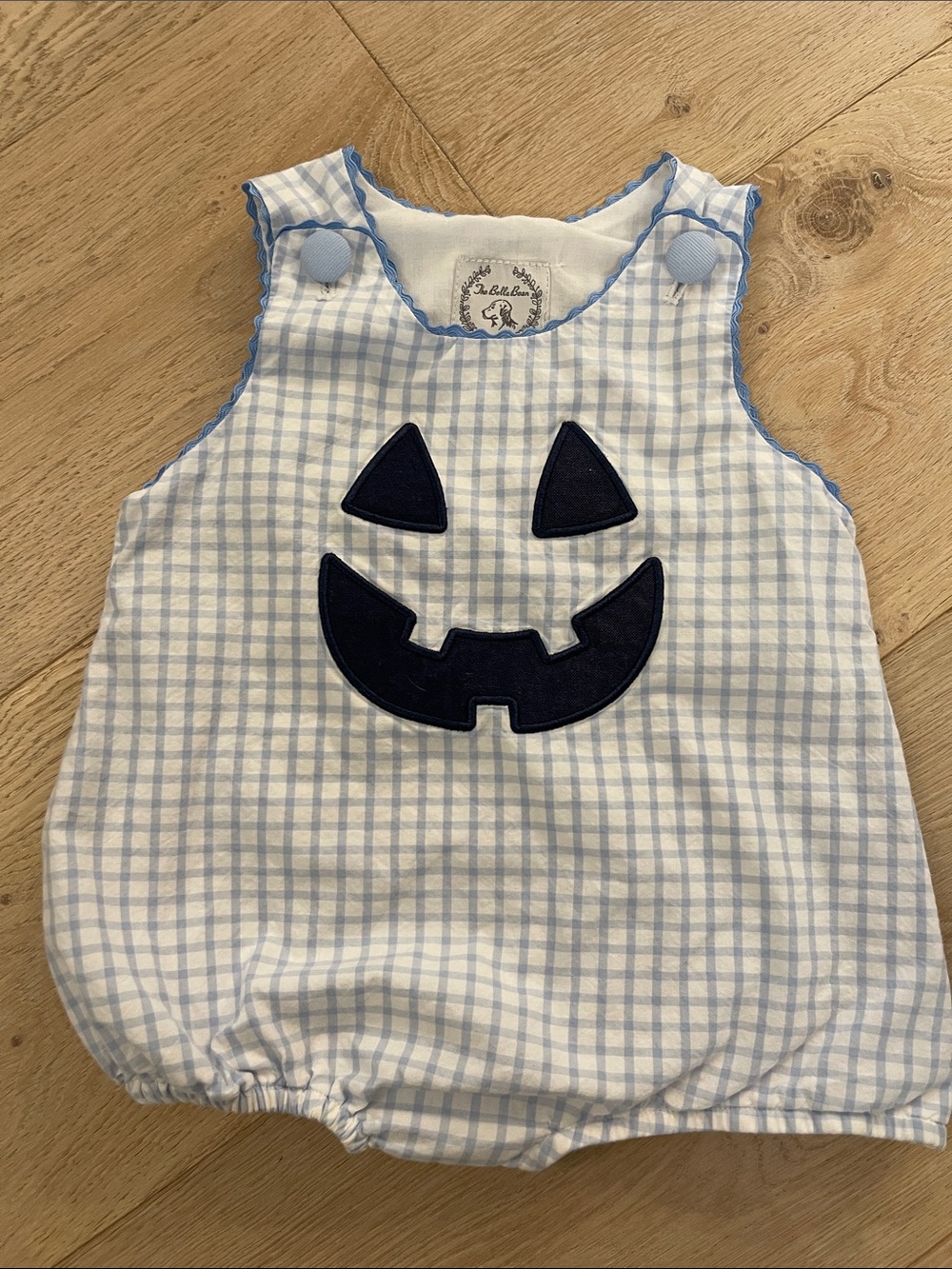 Light Blue Gingham with pumpkin face Baby Bubble Romper size 12 months